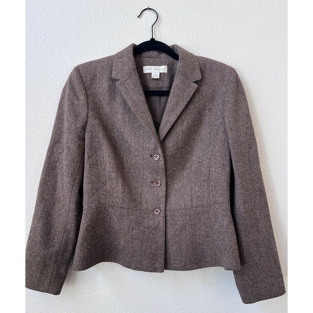 Petite Sophisticate Vintage Wool Silk Blend Blazer 6P Brown Herringbone Tweed